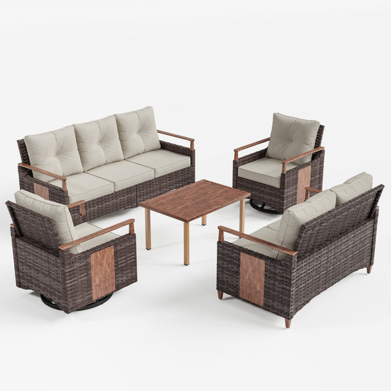 Charland 7-person Wicker Swivel Glider Chairs Patio Conversation Sets Outdoor Seating Group With Cushions, Beige