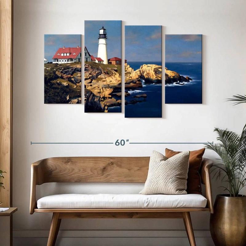 Coastal lighthouse with red houses Aletra, H 32 po x l 52 po