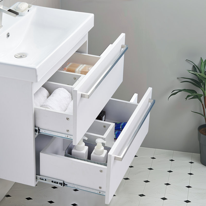 Meuble-lavabo mural simple 30 po avec 2 tiroirs 30 po Modern, Blanc, Argent