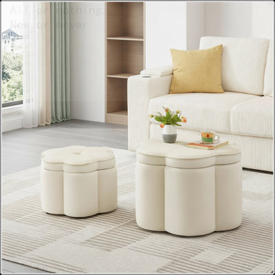 Set of 2 Ottoman with Storage,Flower Shape Petal Ottoman,Upholstered Velvet Storage Ottoman Bench