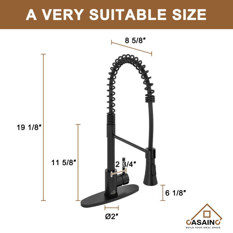 Spring Standard Kitchen Faucet with Dual-Function Spray Head and Deck Plate, Matte Black