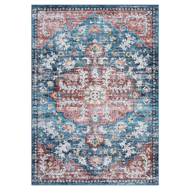 10x13 Machine Washable Floral Area Rug, Vintage Symmetrical Centerpiece Design, Stain Resistant and Easy to Clean, Reinforced Edges and Backing for Living Room, Bedroom, Entryway - Blue