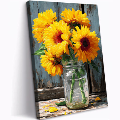  Fleur, toile, art mural, rustique, campagne, photos, tournesol élégant, peinture, œuvre d'art botanique rétro pour chambre à coucher, salle de bain, 12 x 16 pouces