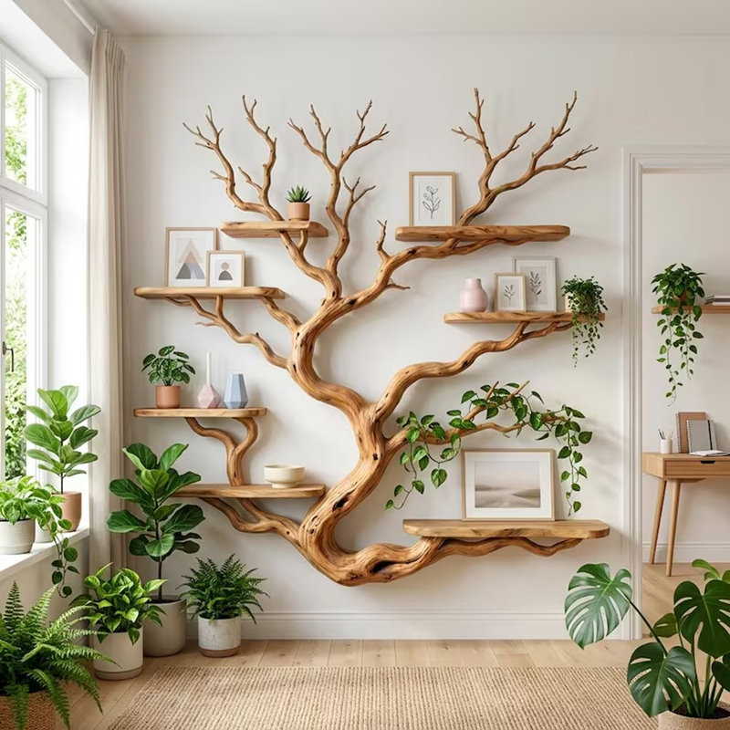 Tree Branch Floating Book Shelves Solid Wood Custom Bookshelf Art