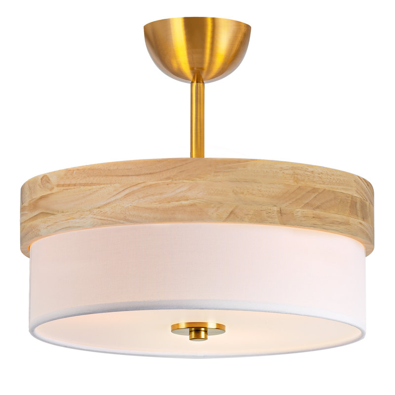 Plafonnier semi-encastré, luminaire doré de 13 po, garniture en bois naturel avec abat-jour en tissu blanc crème, luminaire encastré moderne pour chambre à coucher, couloir, cuisine