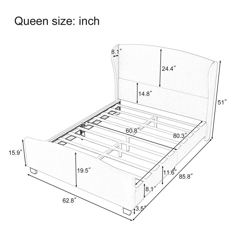 Structure de lit grand en lin à oreilles beige de 51 po pour grand lit, aucun sommier requis, soutien solide des pieds, environnement de sommeil confortable requis, surface solide stable