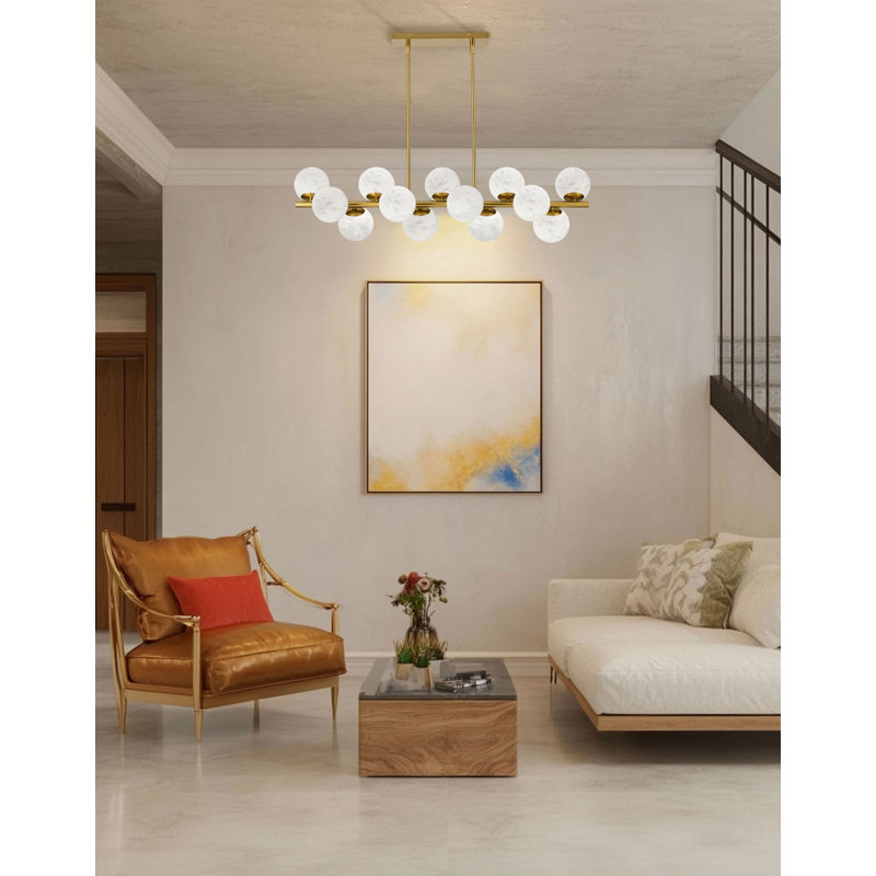Luminaire suspendu horizontal Jarman - Albâtre, H 48 po x l 40 po x P 11 po, Laiton vieilli, 13 lumières