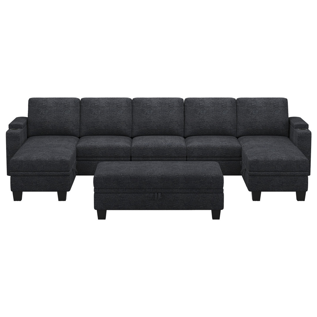 Anjana Jenette Large Chenille Modular Storage Couch U Shaped Modular Sofa With Removable Washable Cushion And Movable Storage Ottomans And Cup Holder Latitude Run® Body 