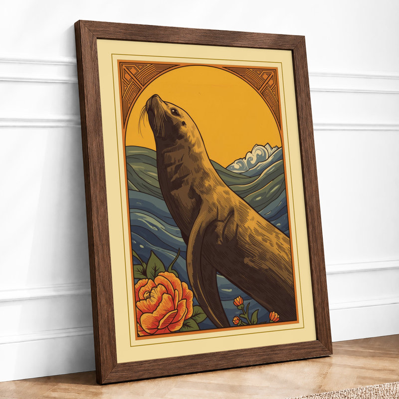 Sea Lion Under Golden Sun Coastal - Framed Print, A3 - 42.0 x 29.7 cm, Walnut