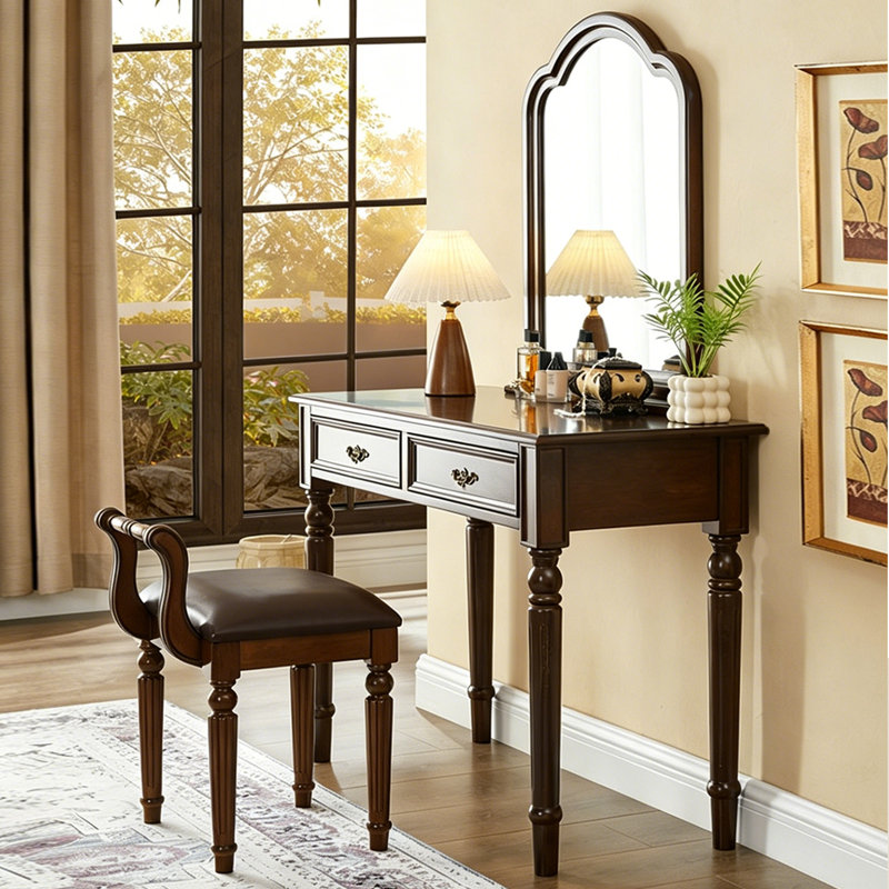 Coiffeuse vintage en noyer massif de 120 cm (47,24 po) avec miroir de maquillage arqué, tabouret et rangement à double tiroir.