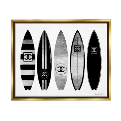 Fashion Designer Surf Boards Black Silver Watercolor  Metallic Gold Framed Floating Canvas Wall Art by Amanda Greenwood