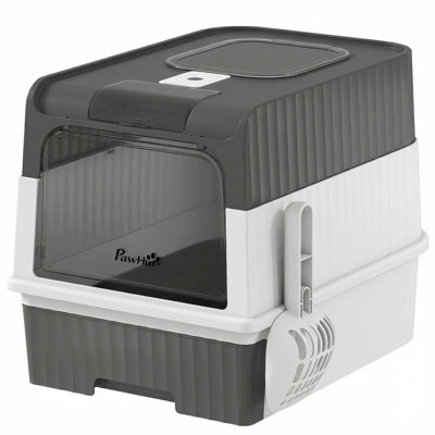 Cat Litter Box Hooded Cat Litter Tray with Drawer Pan Front Entry & Top Exit Easy Cleaning Gray