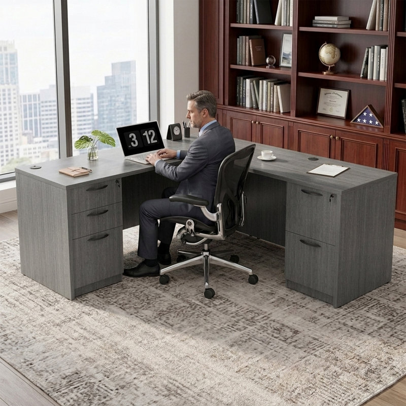  66.93'' L-Shaped Executive Desk with Cabinets, Gray