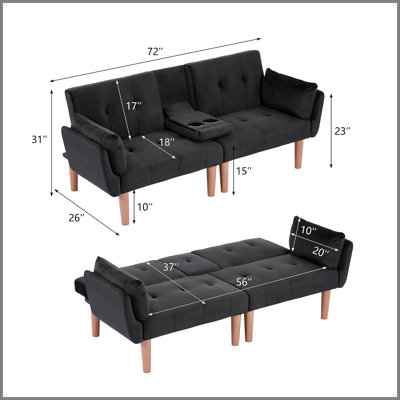 Canapé-lit double pliable noir 72 po, revêtement en velours doux, canapé confortable pour 2 personnes