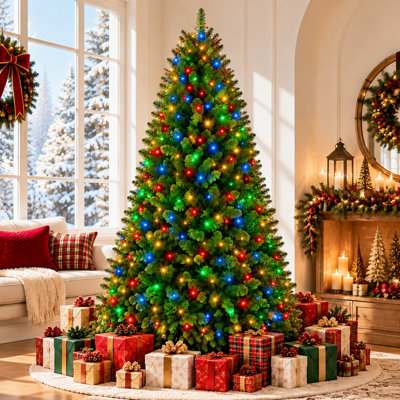 Sapin de Noël artificiel vert pré-illuminé avec lumières DEL bicolores commutables (blanc chaud et multicolore), matériau PE+PVC de qualité supérieure, branches réalistes, support robuste, montage facile, décoration de Noël pour de multiples occasions.
