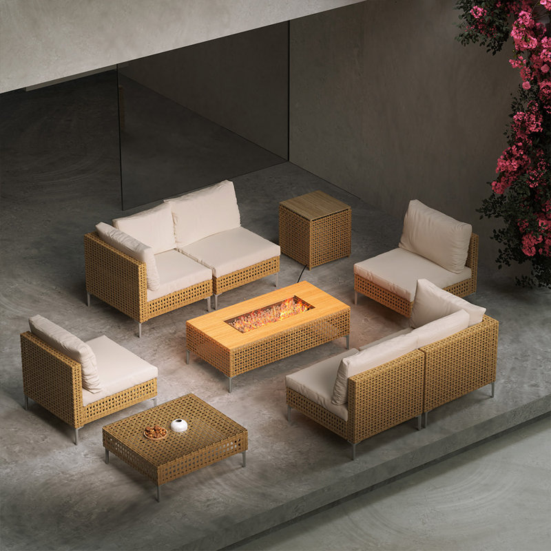  Ensemble de conversation modulaire d'extérieur 9 pièces pour 6 personnes avec foyer
