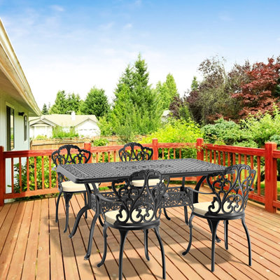 Mobilier d'extérieur en fonte d'aluminium 5 pièces avec coussins de couleur aléatoire, patins antidérapants, conception empilable pour meubles de patio dans des coussins de couleurs, tissu résistant aux intempéries, rangement rapide