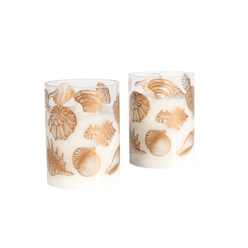 Bougies en verre à piles DEL avec flamme vacillante, coquillages - 2 pièces