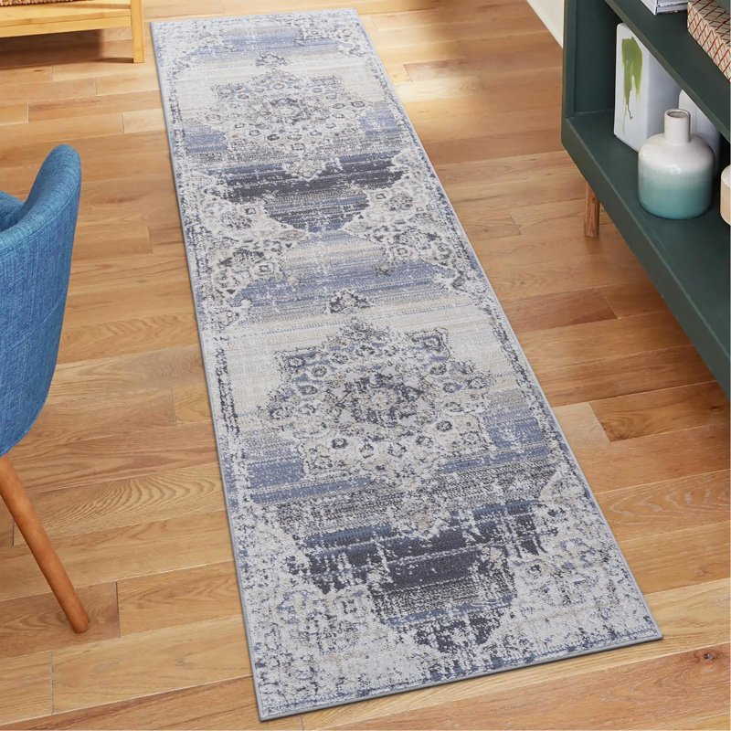 2'x8' Cream Blue Medallion Pattern Runner Rug, Runner 2'2" x 8'