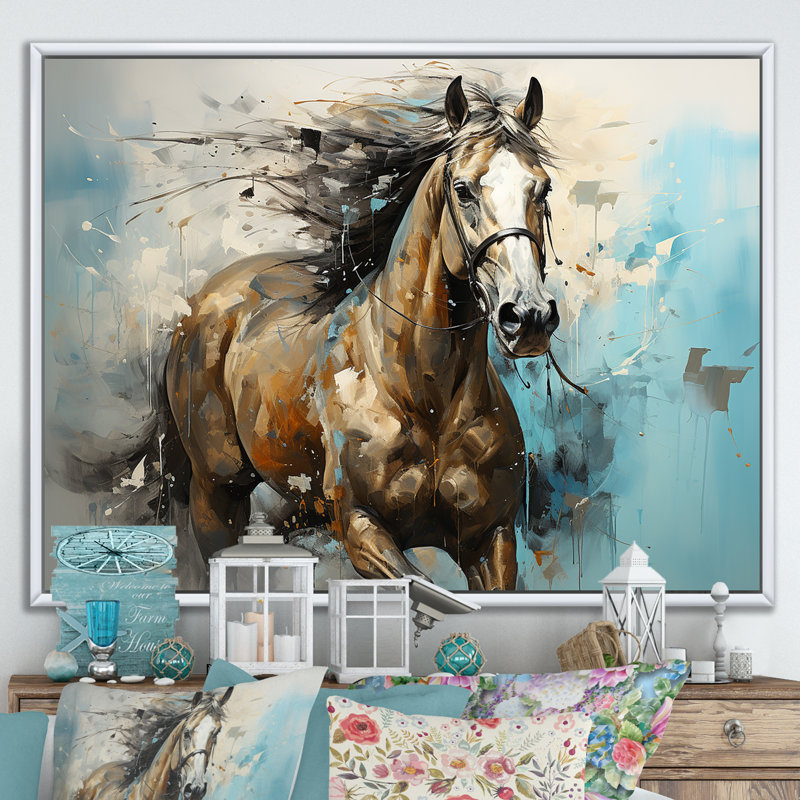 Cheval galopant fantaisiste - cheval, art mural, Cadre flottant blanc, H 34 po x l 44 po x P 1,5 po