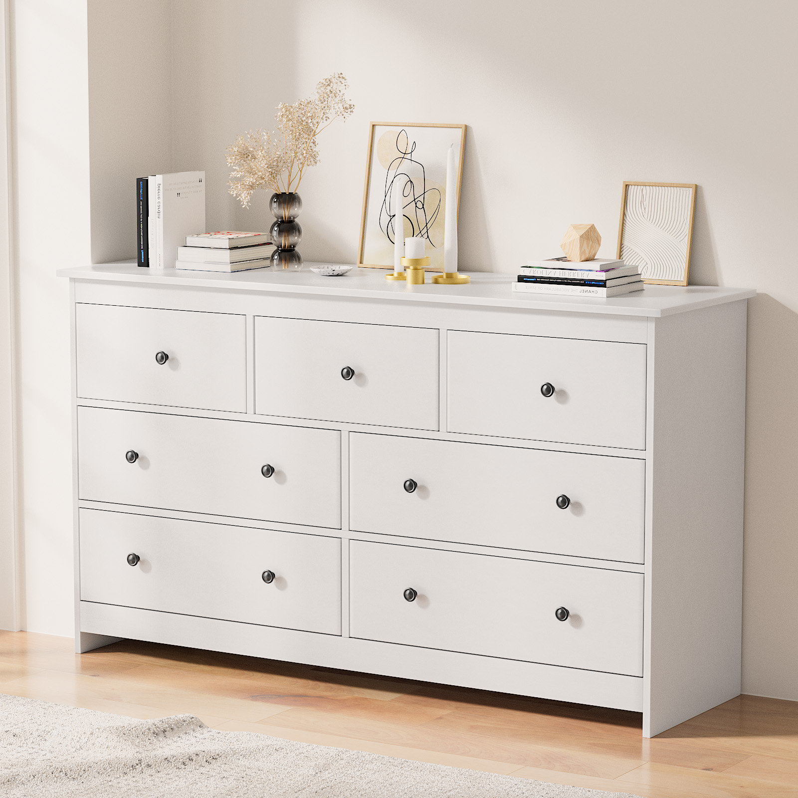dresser 7 drawer ACCOHOHO 7 Drawer Dresser for Bedroom, Farmhouse Rustic Wood Dresser Chest of Wide Drawers for Living Room, White
