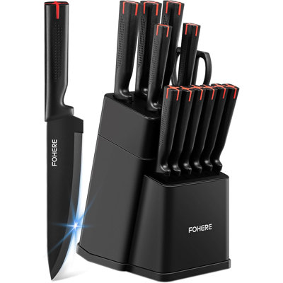 FOHERE 13 Pieces Knife Set with Block Kitchen Knive Sets with Built-in Sharpener Sharp Knife,Black