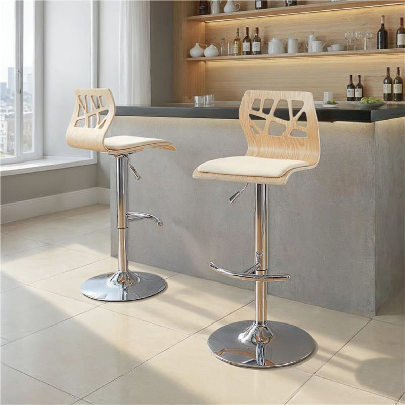 Tabouret de bar rotatif à hauteur ajustable Lakyia, Similicuir crème / bois naturel, Chrome