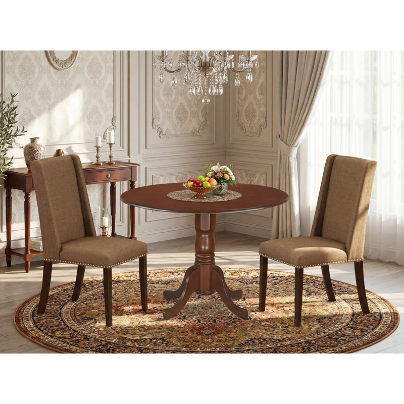 3 Piece Dining Set Contains a Round Dining Room Table with Dropleaf and 2 Brown Linen Fabric Upholstered Parson Chairs, Mahogany