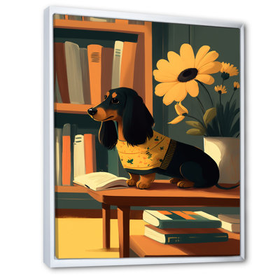 Adorable teckel avec un chandail jaune sur une chaise sur toile