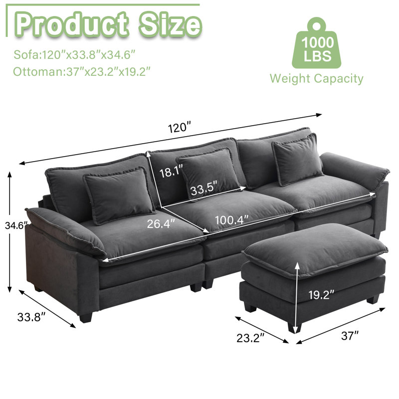 Canapé modulaire 120 po Comfy Cloud, Velours gris