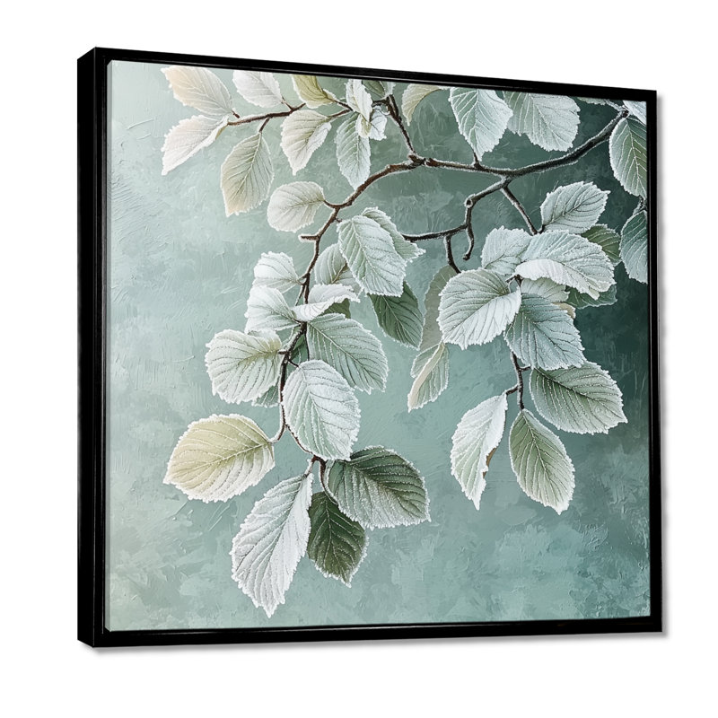 Frosted Leaves I - feuilles, art mural, Reproduction avec cadre flottant, Noir, H 16 po x l 16 po