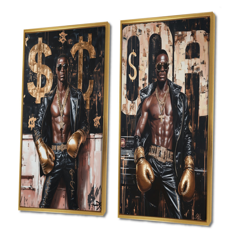 Boss Fighter, homme africain-américain, ensemble d'art mural 2 pièces, H 32 po x l 32 po, Impression encadrée, Doré