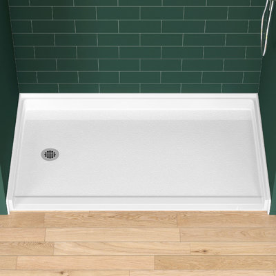 Base de douche simple à seuil bas 60 po x L 36 po ADA avec seuil de type incliné, plateau de douche antidérapant à trois brides, surface ouverte brillante assortie, accès pour fauteuil roulant, profil bas, blanc