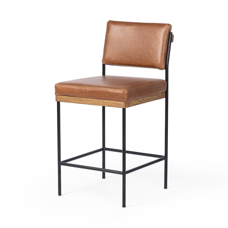 Tabouret Popovich, Châtaignier Sonoma / cuir véritable, Tabouret de comptoir (siège d'une hauteur de 26,4