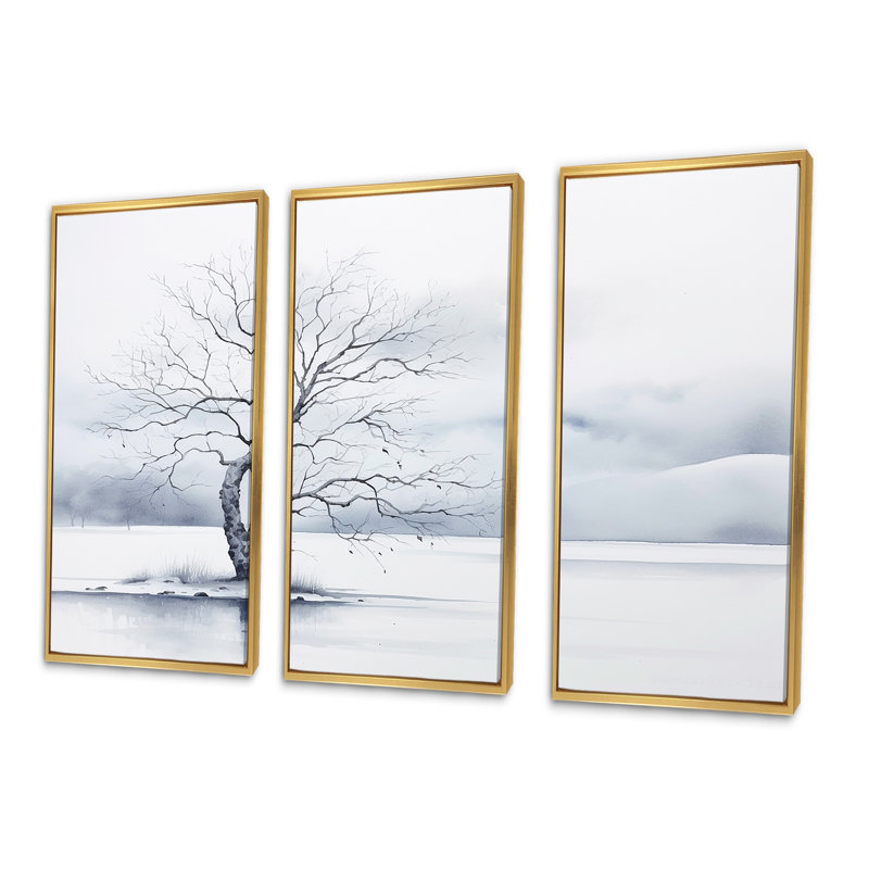 «Winters Tree Minimalisme I», ensemble d'art sur toile, Cadre flottant doré, H 40 po x l 60 po x P 1 po