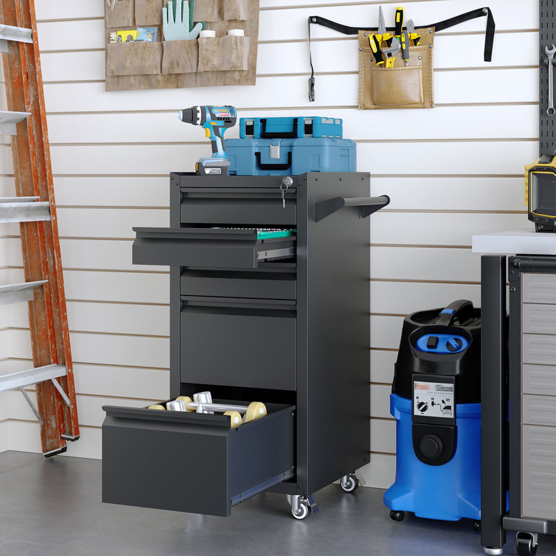 Armoire à outils roulante à 5 tiroirs avec roulettes verrouillables, coffre de rangement en métal