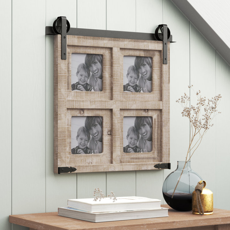 Brown Wooden 4 Slot Wall Photo Frame with Metal Accent, 18" x 1" x 18"