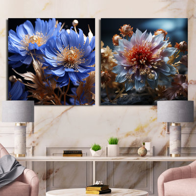 Blue and Crystal Cornflowers Harmony - ensemble de 2 carrés de fleurs
