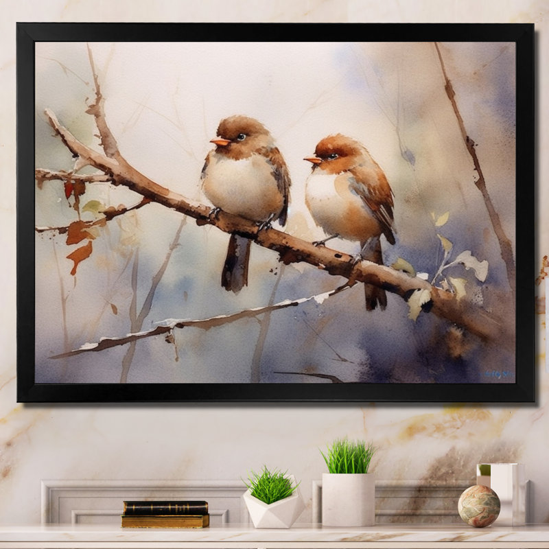 Oiseau moineau beige et brun I - art mural oiseau pour le salon, H 12 po x l 20 po x P 1 po, Cadre simple noir