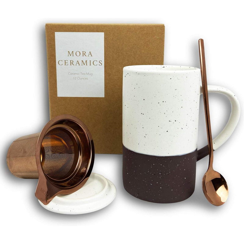 Mora Ceramics Tea Cup With Loose Leaf Infuser, Spoon And Lid,  Microwave And Dishwasher Safe Coffee Mug - Rustic Matte Ceramic Glaze, Modern Herbal Tea Strainer - Great Gift For Women, Garnet