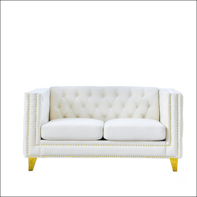 Luxurious Velvet Sofa For Living Room With Buttons Tufted Square Arms, Modern Upholstered Couch With Metal Legs,  For Bedroom And Lounge Areas.