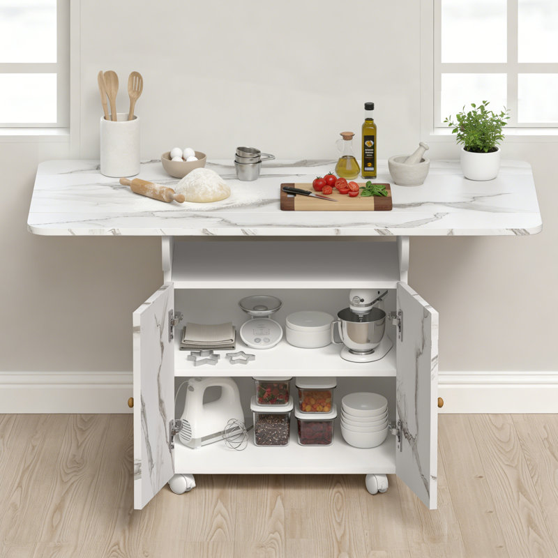 Îlot de cuisine avec plateau en marbre, armoire de rangement et roulettes verrouillables Modern