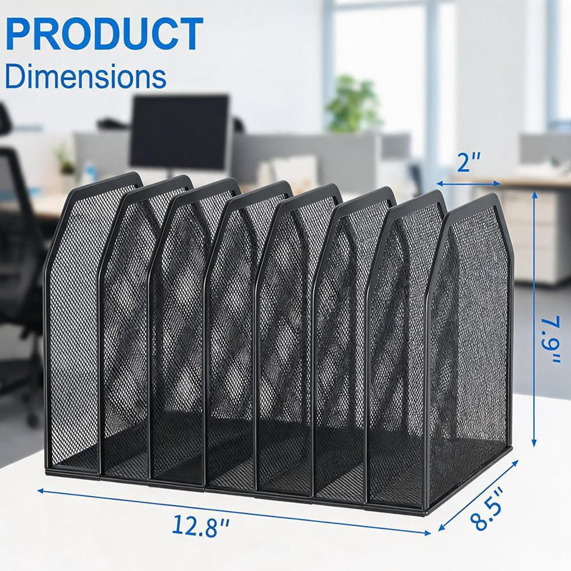 7-Section Vertical Desktop Organizer Black Upright File Sorter