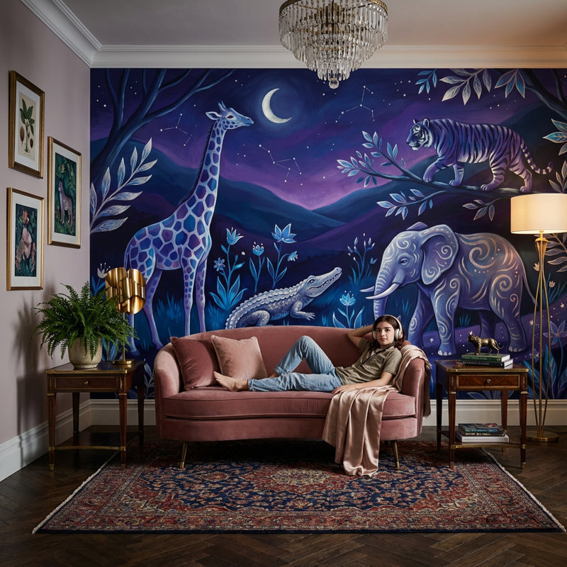 Mur de nuit avec constellations d'animaux fantaisistes, 100 po x 96 po, Non tissé