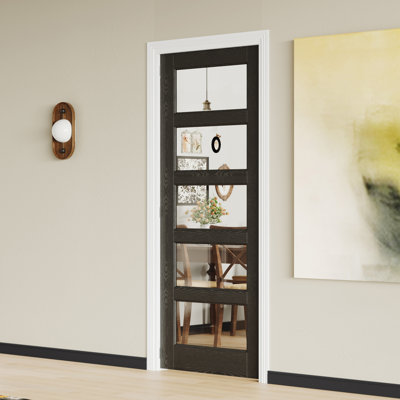 Interior French Door Slab with Matching Frame - Black 5 Lite Frosted Glass MDF Interior Pantry Door with Decorative Molding