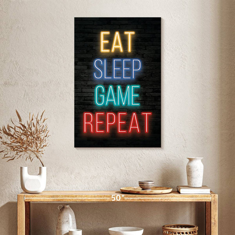 Neon Eat Sleep Game Répétition sur toile, H 36 po x l 24 po x P 1,25 po