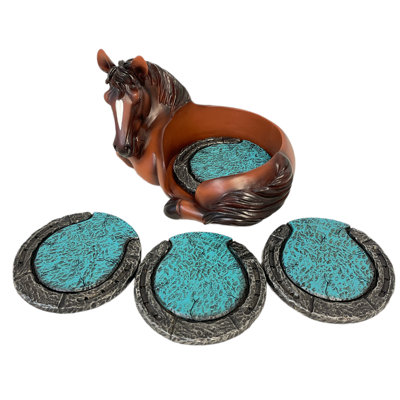 Polyresin Brown Horse with Turquoise Horseshoe Coaster 4-Piece Set with Decorative Holder