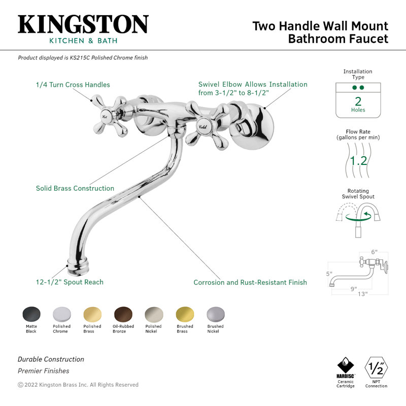 Robinet de salle de bain mural 2 trous Kingston, Chrome poli