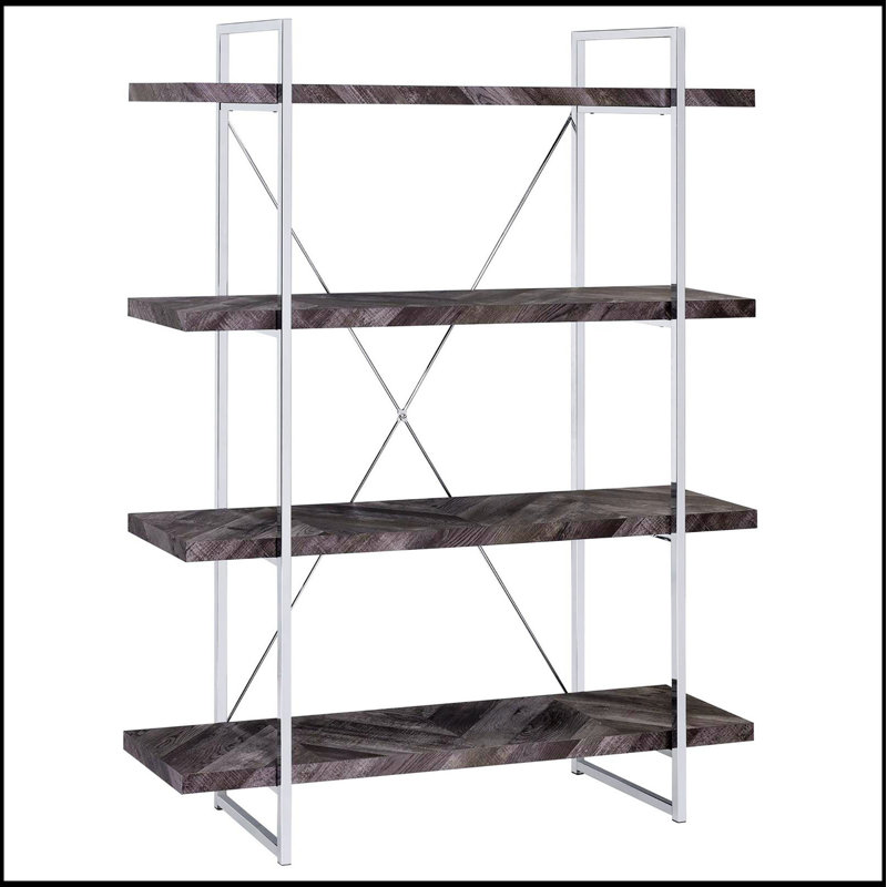 Bibliothèque rustique à chevrons gris avec tablettes pleine longueur, alliant charme classique et élégance moderne pour un rangement polyvalent.