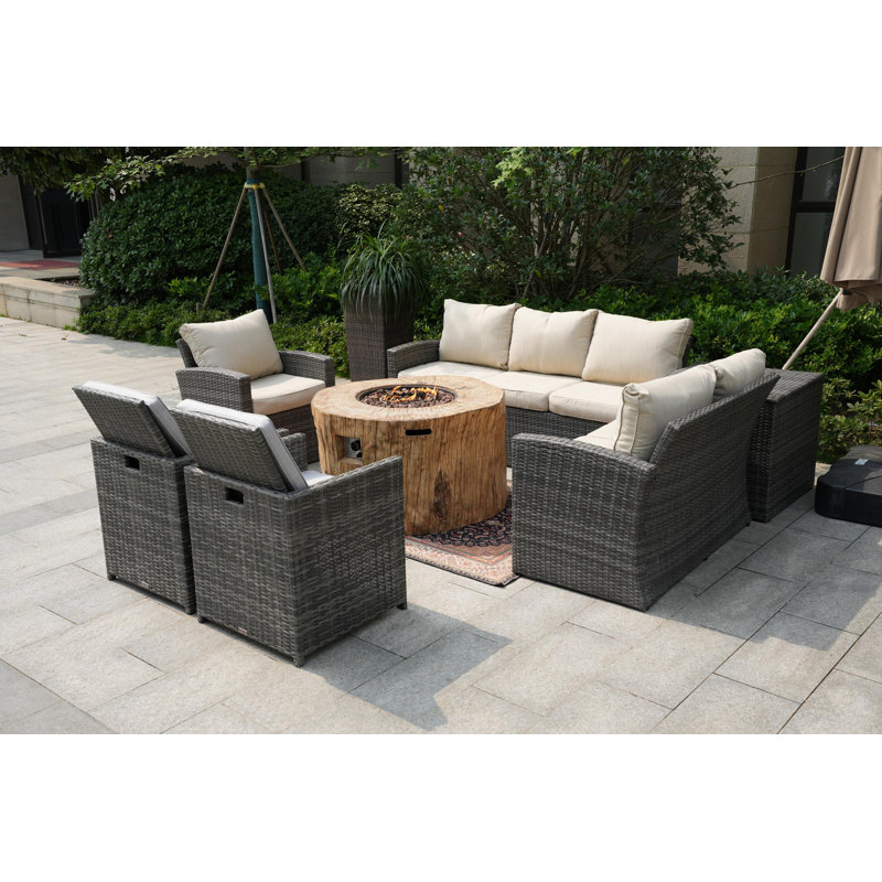 Ensemble de conversation en osier / rotin pour 8 personnes avec coussins Bogdan, Beige / gris clair, gris